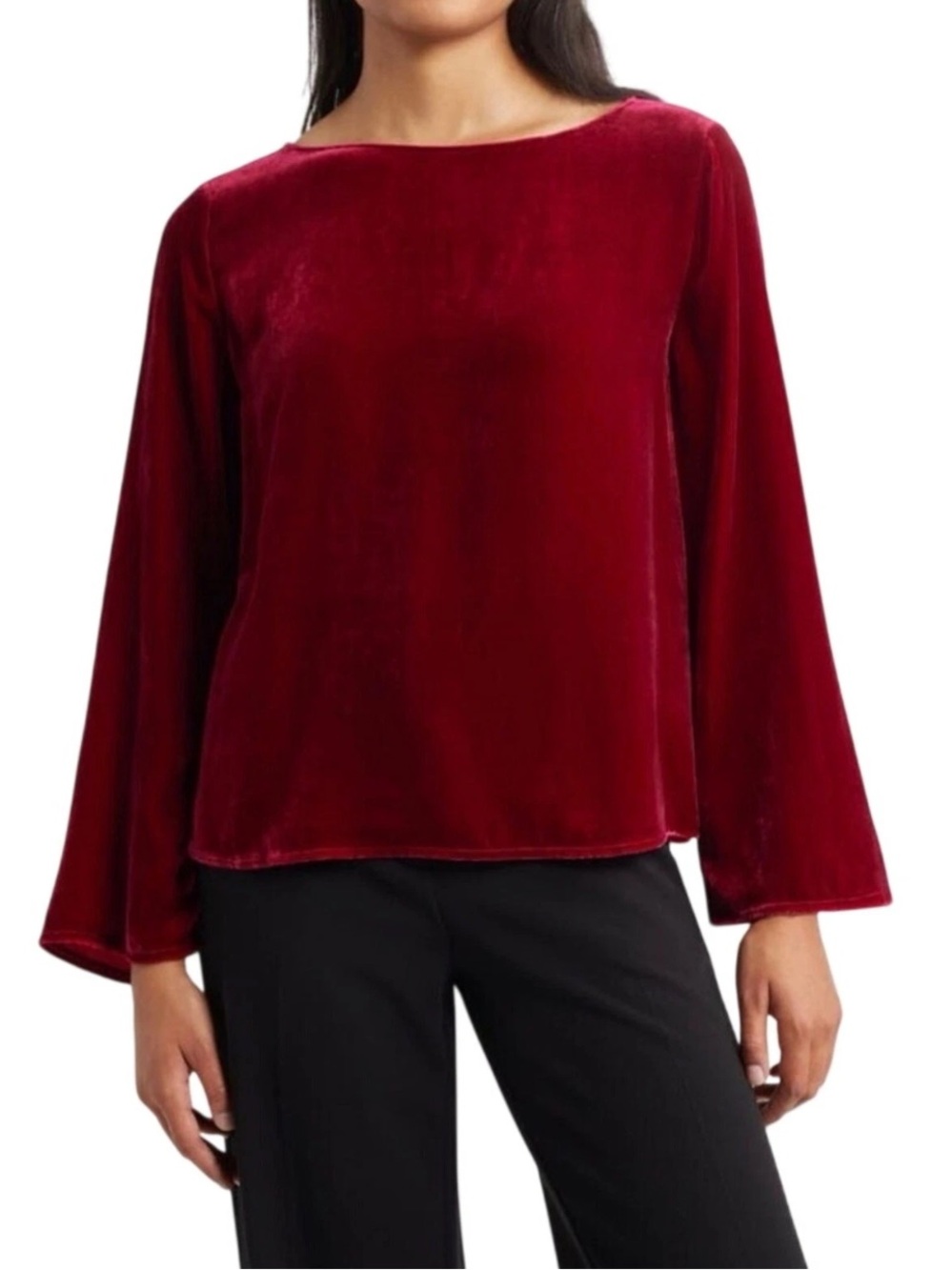 Eileen Fisher Womans XL Ruby Red Velvet Flare Sleeve Top Silk Blend NWT